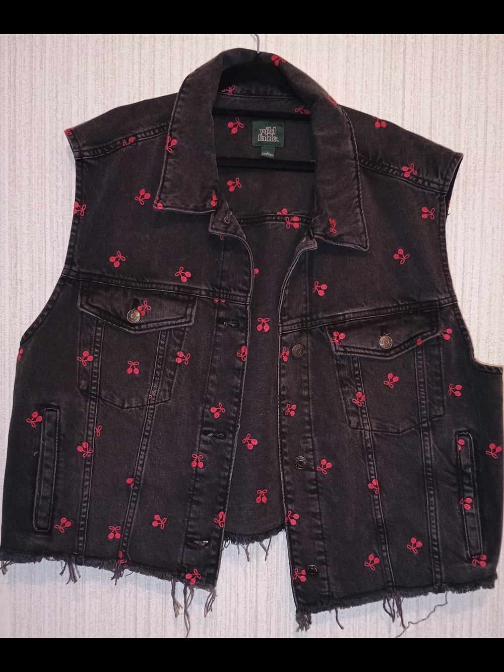 wild fable Black Distressed Denim Vest with Red Cherry Embroidery